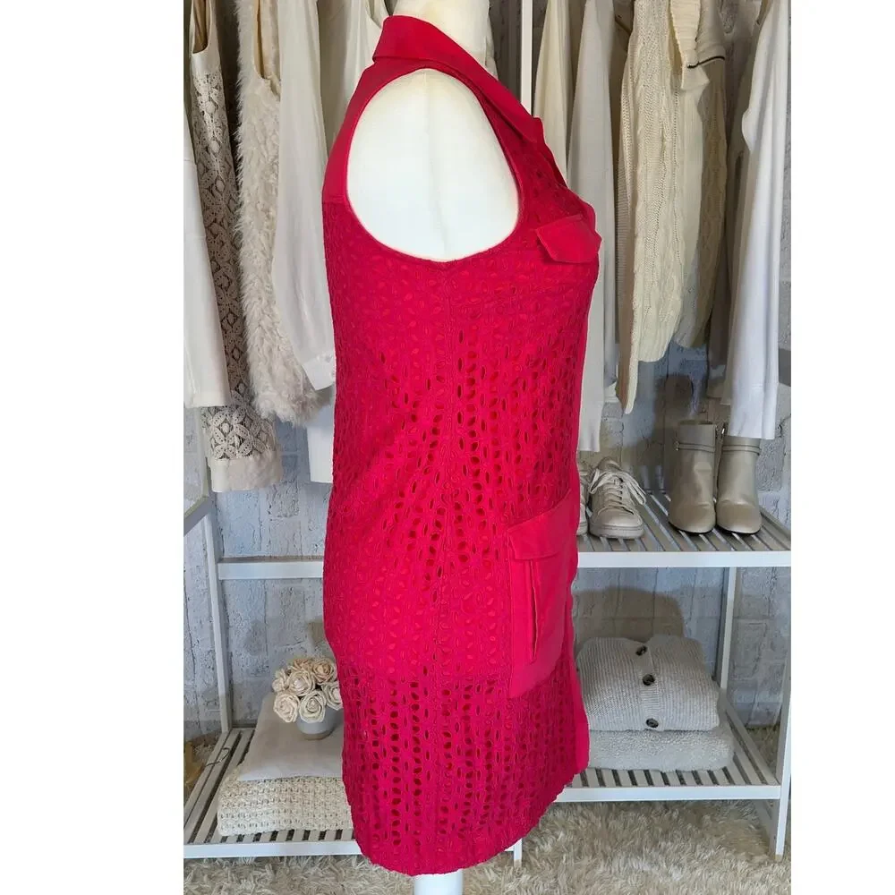 Cece Women's Sz 10 Bright Pink Lined Eyelet Sleeveless Sheath Shirt Dress #0327 - Picture 2 of 14